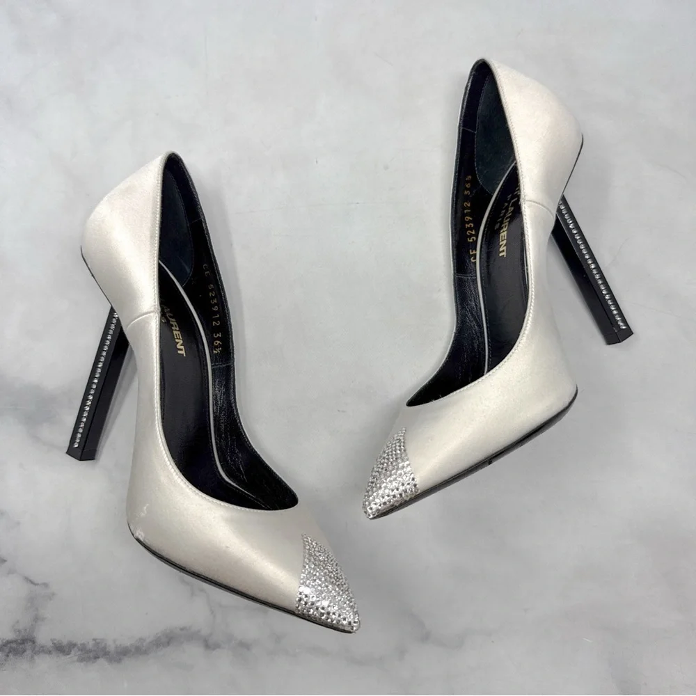 Saint Laurent Tower 110 Strass Embellished Silk Satin Pointed Toe Pump Heel 36.5